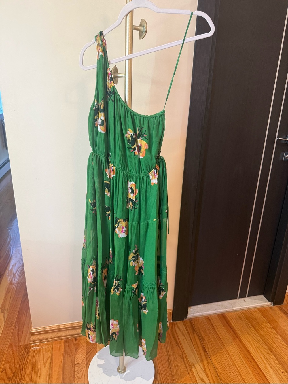 A.L.C. Green Floral One-Shoulder Tiered Maxi Dress
